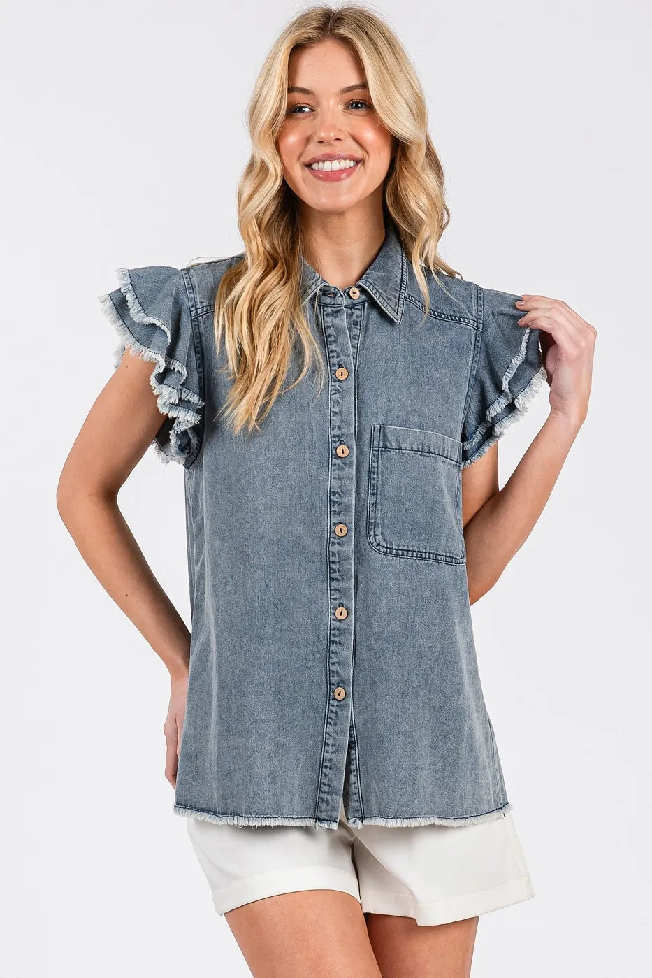 Mittoshop Washed Denim Ruffle Short Sleeve Collared Shirt OutfitFlow