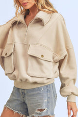 Aemi + Co Exposed Seam Half Zip Sweatshirt with Pockets OutfitFlow
