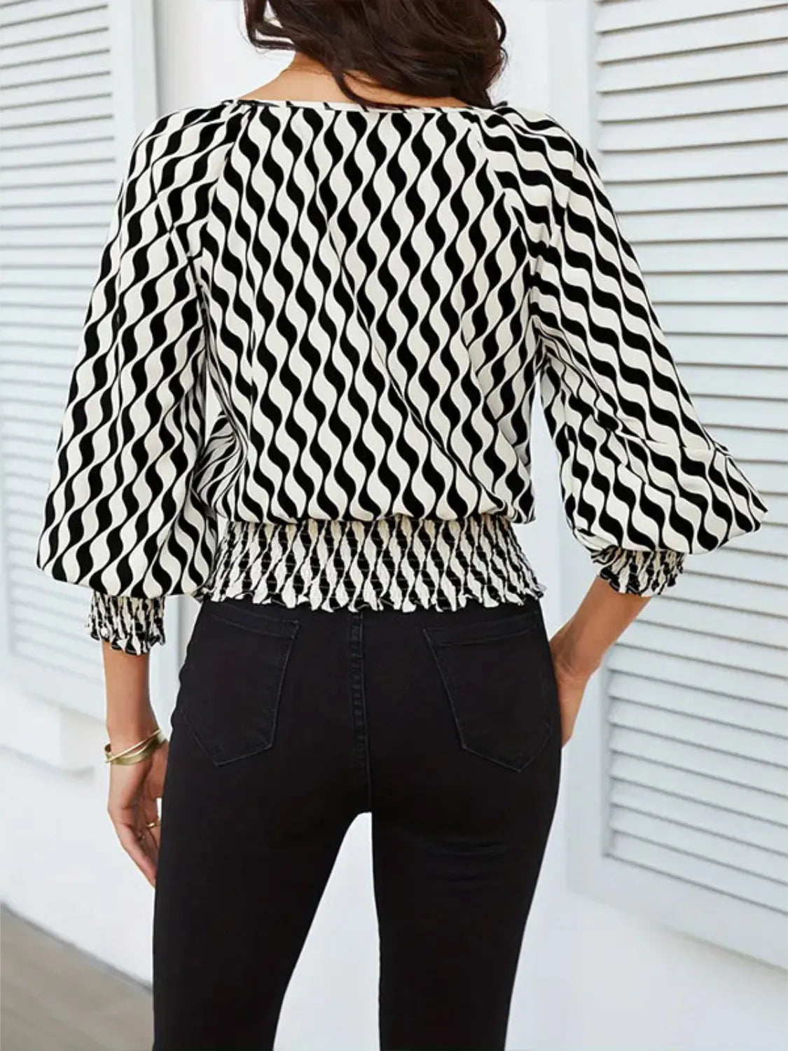 Geometric Print Lantern Sleeve Smocked Waist Blouse OutfitFlow