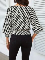 Geometric Print Lantern Sleeve Smocked Waist Blouse OutfitFlow