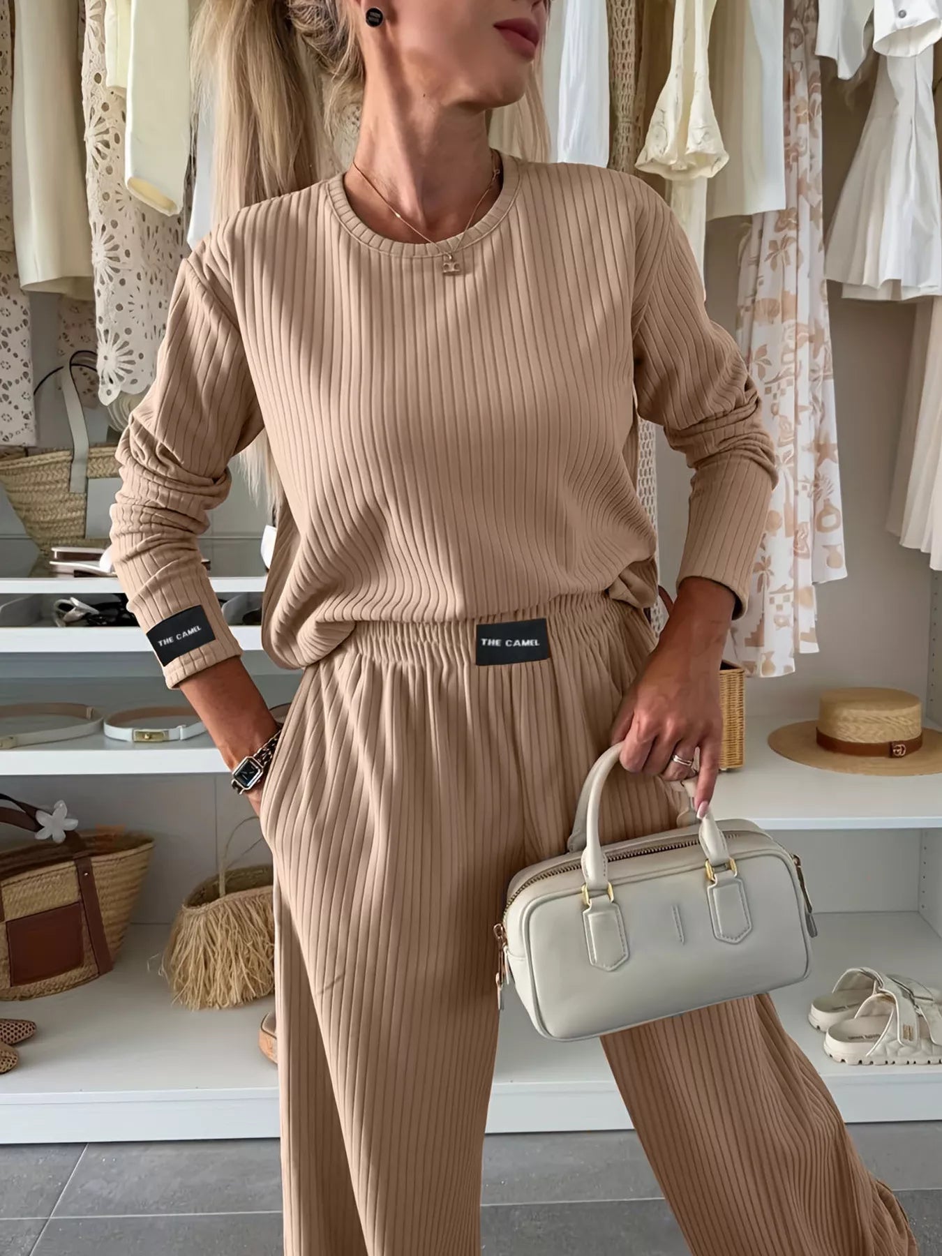 Ribbed Knit Round Neck Top and Pants Set OutfitFlow