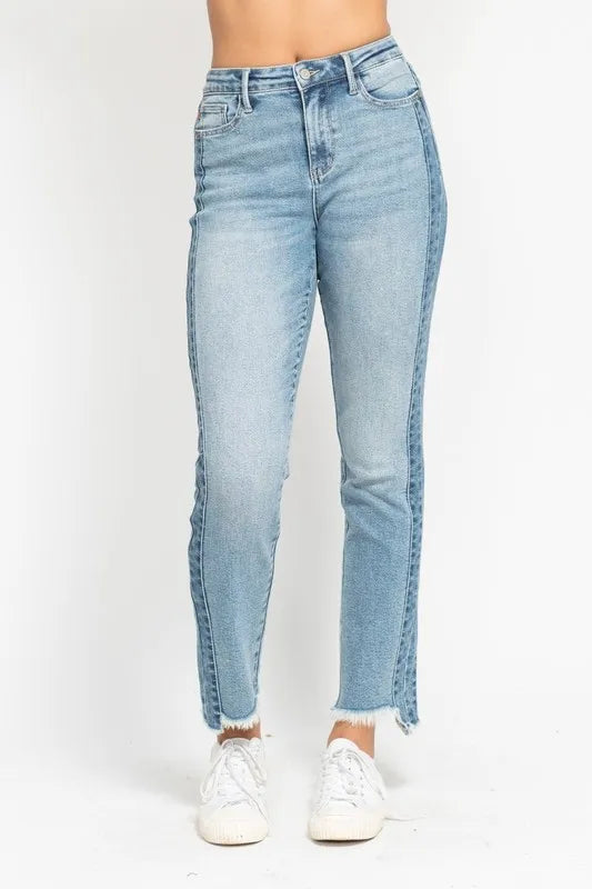 Judy Blue Full Size Vintage Wash Side Panel Detail with Fray Hem Slim Plus Size MD OutfitFlow