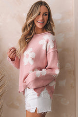 Outfit Flow - Pearl Trim Flower Round Neck Sweater