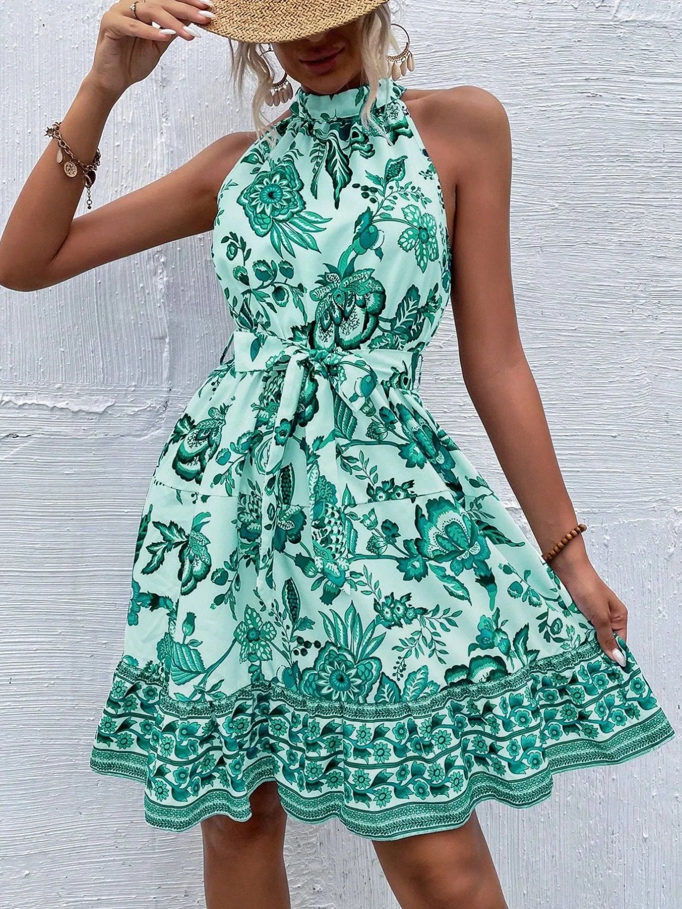 Floral Halter Neck Summer Dress with Belt OutfitFlow