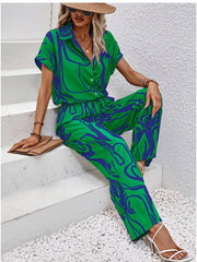 Printed Button Up Shirt and Pants Set OutfitFlow
