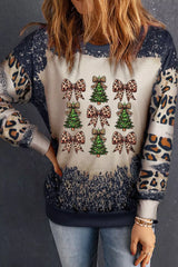 Christmas Tree & Leopard Bow Round Neck Sweatshirt OutfitFlow