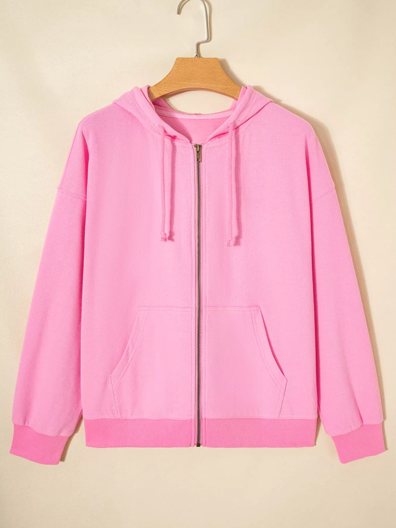 Solid Color Ribbed Zip Up Drawstring Hooded Jacket OutfitFlow