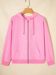 Solid Color Ribbed Zip Up Drawstring Hooded Jacket OutfitFlow