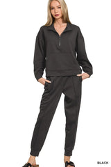 Zenana Scuba Half Zip Sweatshirt and Joggers Set BLACK Trendsi