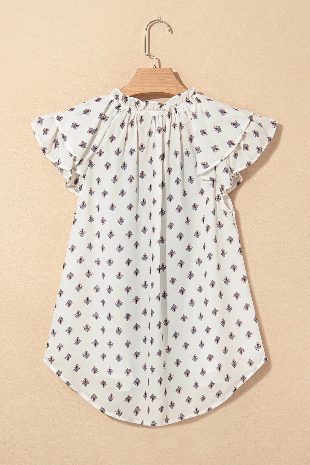 Boho Pattern Tiered Ruffled Sleeve V Neck Buttoned Blouse OutfitFlow