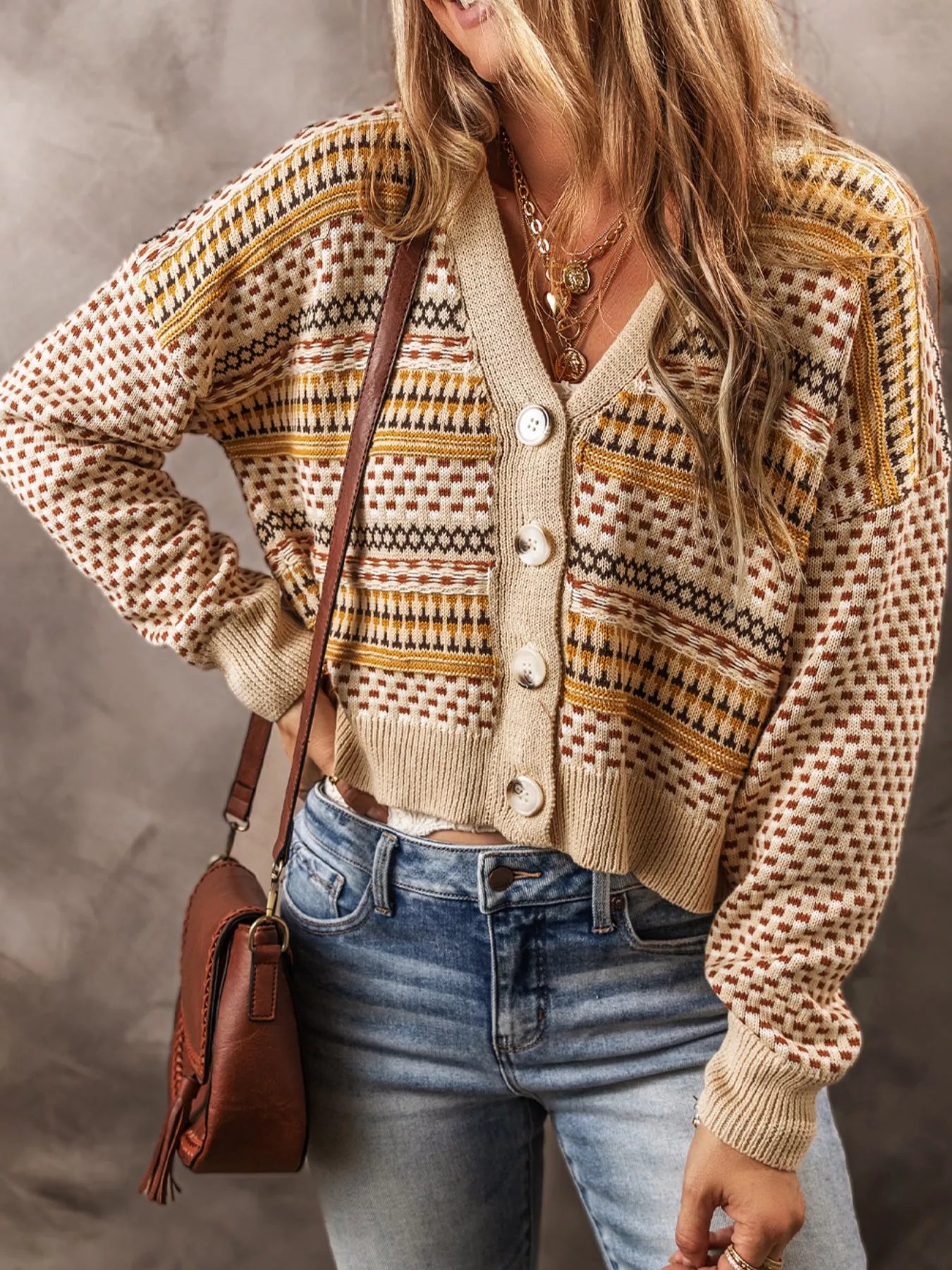 Vintage Patterned Button-Down Cardigan Trendsi