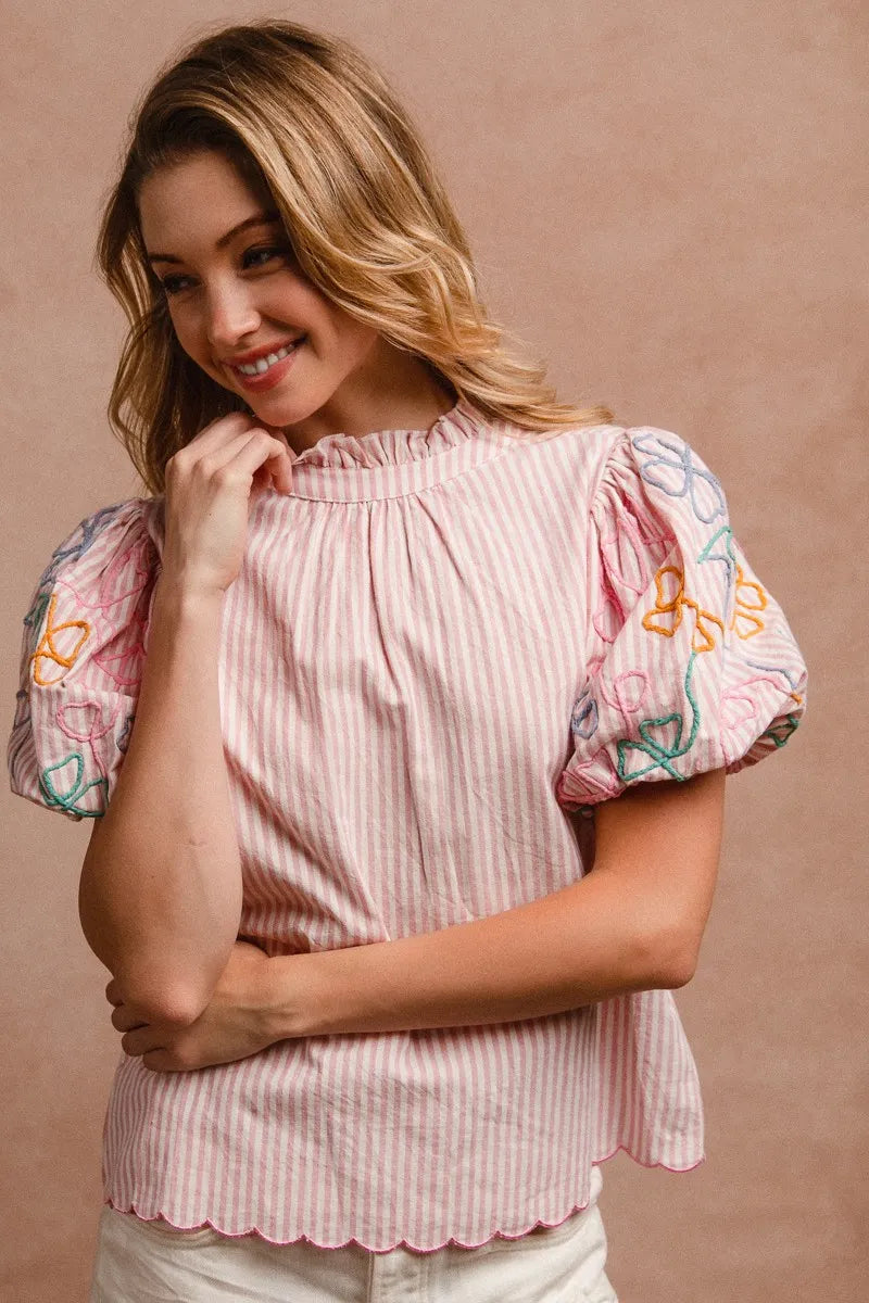 BiBi Embroidery Bubble Sleeve Top With Bottom Scallop Detail OutfitFlow