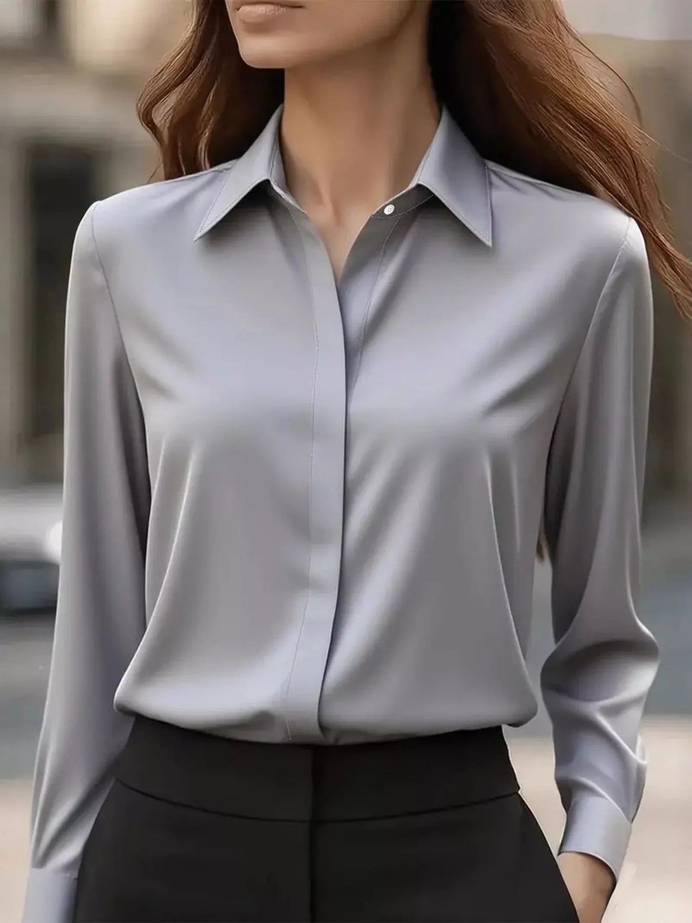 Button Down Collared Neck Long Sleeve Shirt Gray OutfitFlow