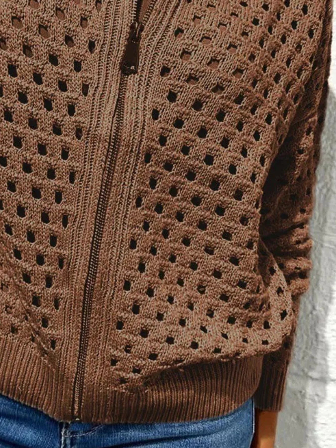 Full Size Zip Up Long Sleeve Cardigan with Eyelet Detail Plus Size OutfitFlow