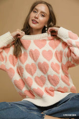Umgee Mix Heart Pattern Pearl Accent Sweater OutfitFlow