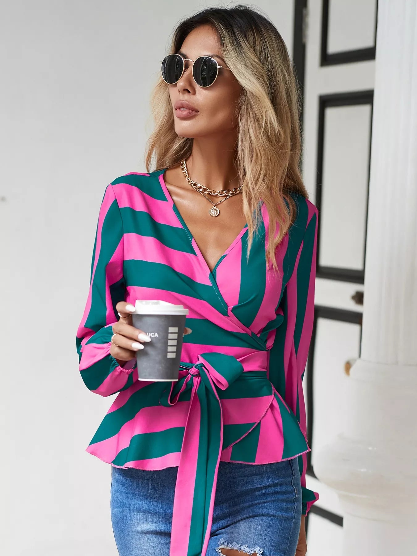 Striped Wrap Blouse with Tie Detail OutfitFlow