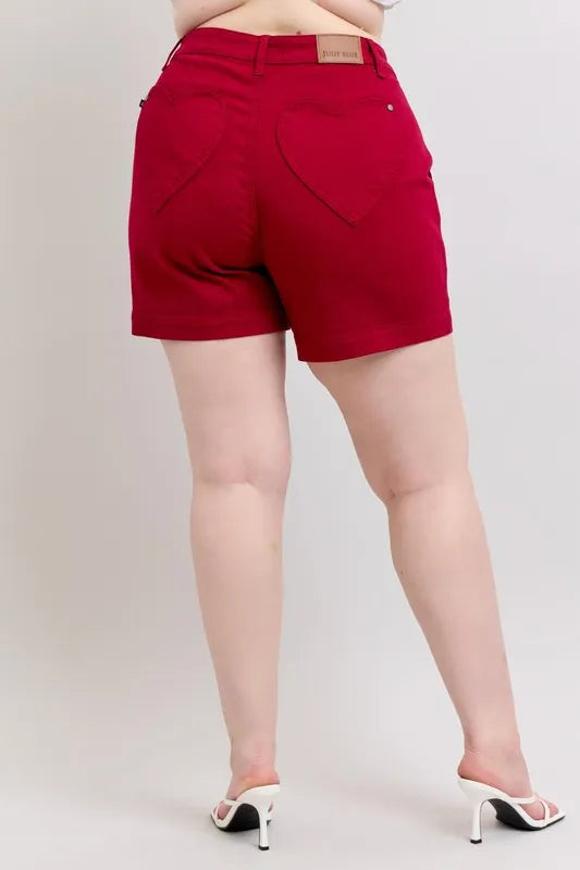 Judy Blue Full Size High Waist Tummy Control Garment Dyed Heart Shaped Denim Shorts Plus Size OutfitFlow