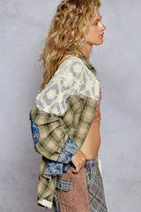 POL Lace Patchwork Plaid Oversized Shirt OutfitFlow