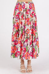 Mittoshop Flower Print Elastic Waist Tiered Skirt Coral OutfitFlow