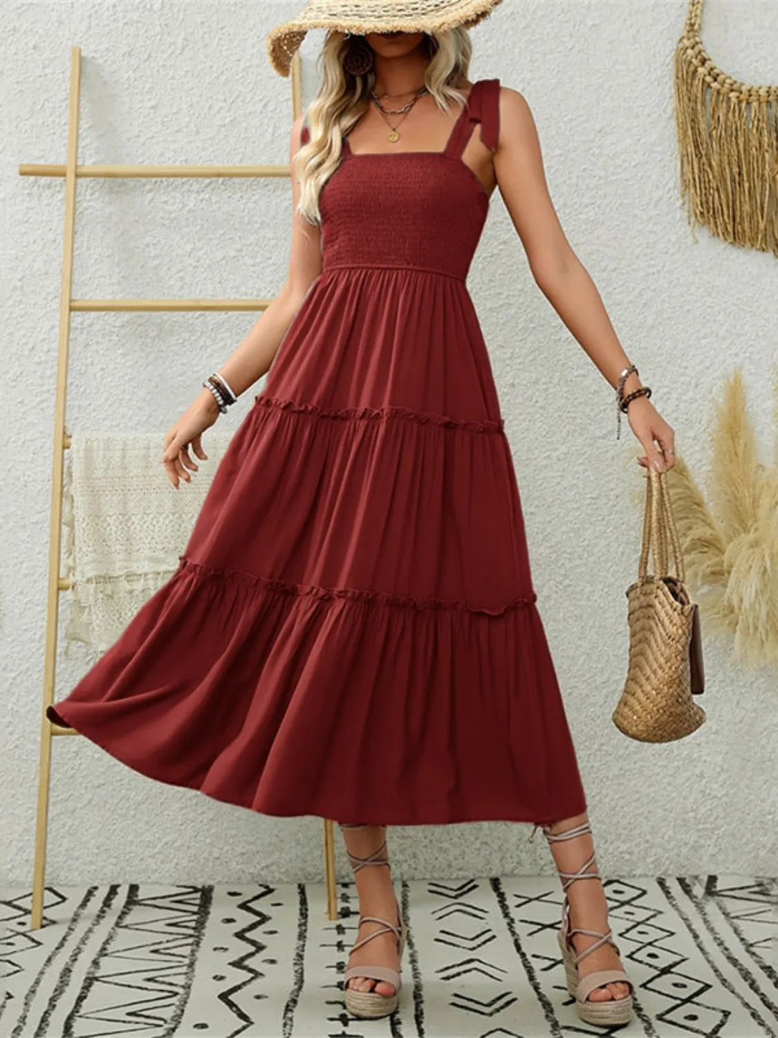 Smocked Tiered Midi Dress with Tie Straps OutfitFlow