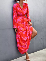 Floral Drawstring Waist Long Sleeve Maxi Dress OutfitFlow