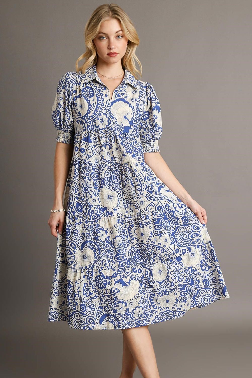 Umgee Full Size Printed Smocked Cuff Puff Sleeve Midi Dress Plus Size Royal Blue OutfitFlow