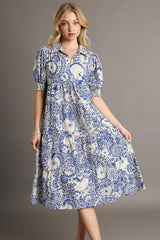 Umgee Full Size Printed Smocked Cuff Puff Sleeve Midi Dress Plus Size Royal Blue OutfitFlow