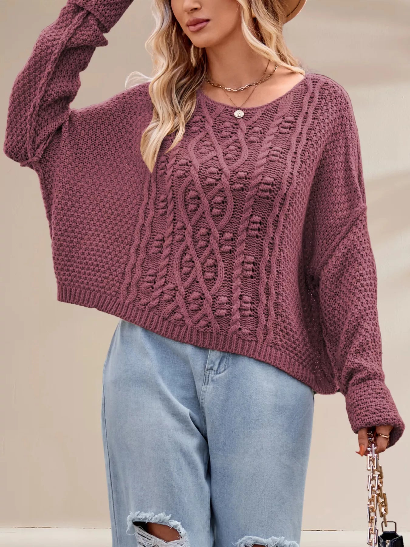 Textured Knit Round Neck Sweater OutfitFlow