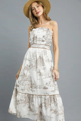 Umgee Printed Tiered Tube Midi Dress Camel OutfitFlow
