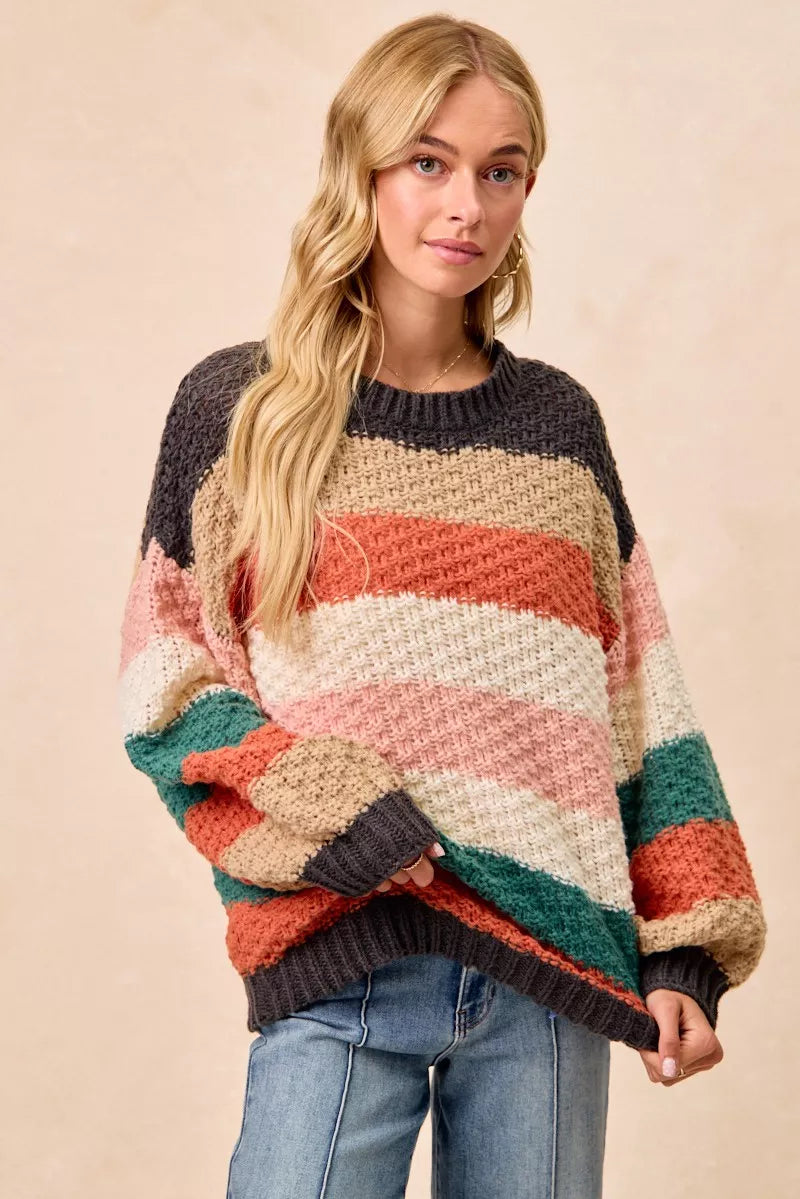 BiBi Stripes Color Block Chunky Sweater OutfitFlow