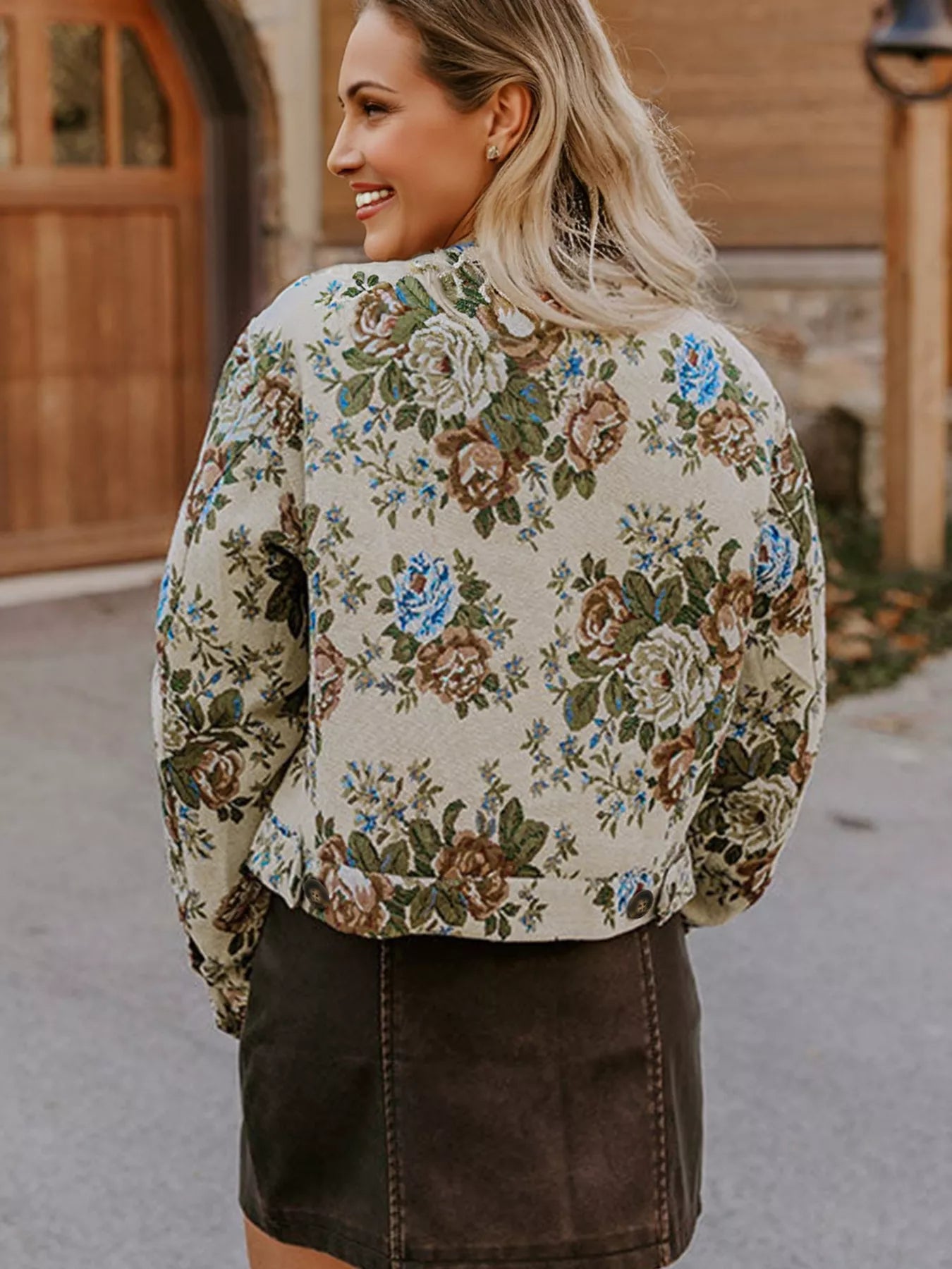 Floral Print Zip Up Contrast Collared Jacket OutfitFlow