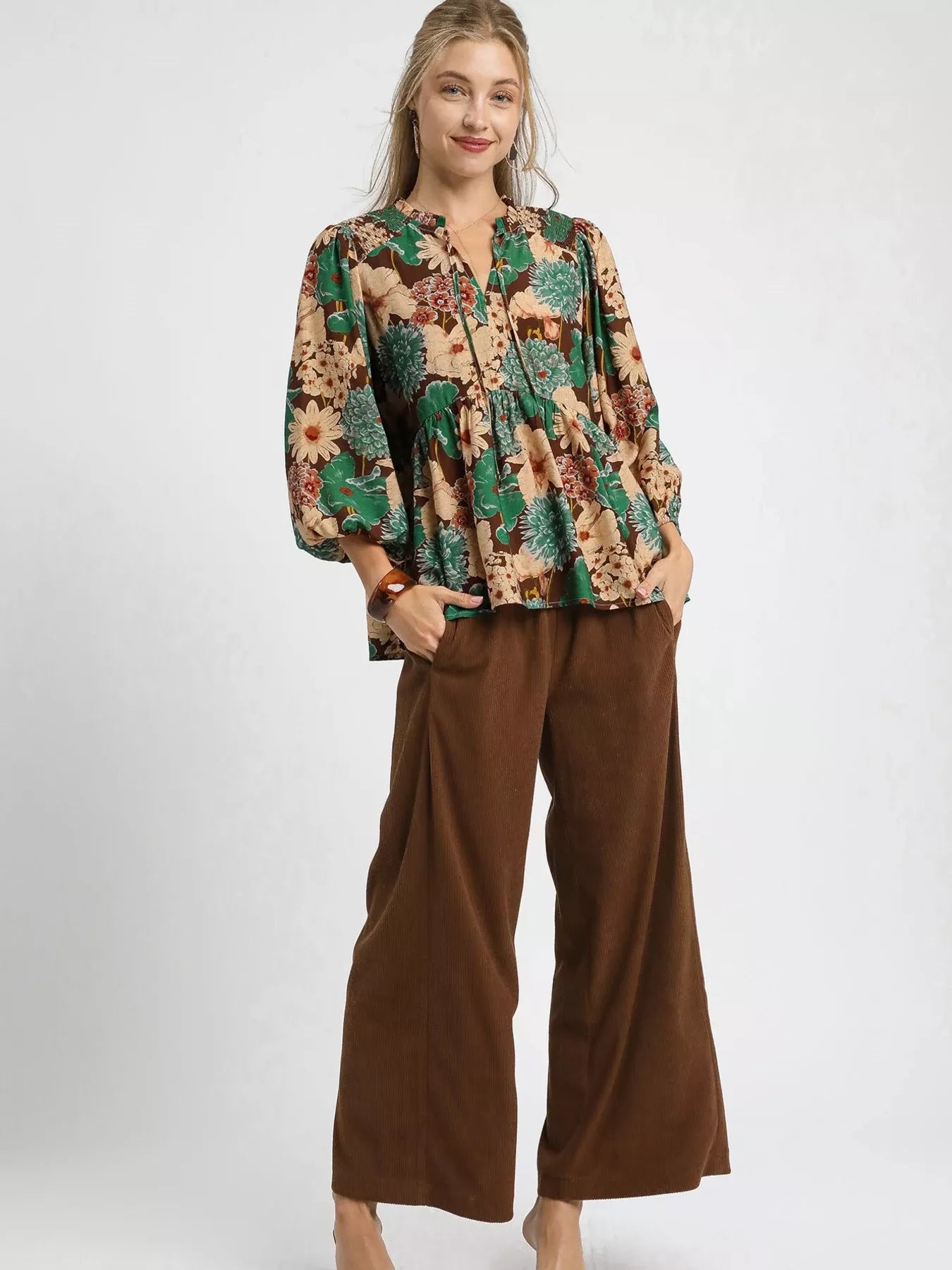 Umgee Mix Floral Peplum Blouse with Tie Neck OutfitFlow