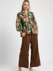 Umgee Mix Floral Peplum Blouse with Tie Neck OutfitFlow