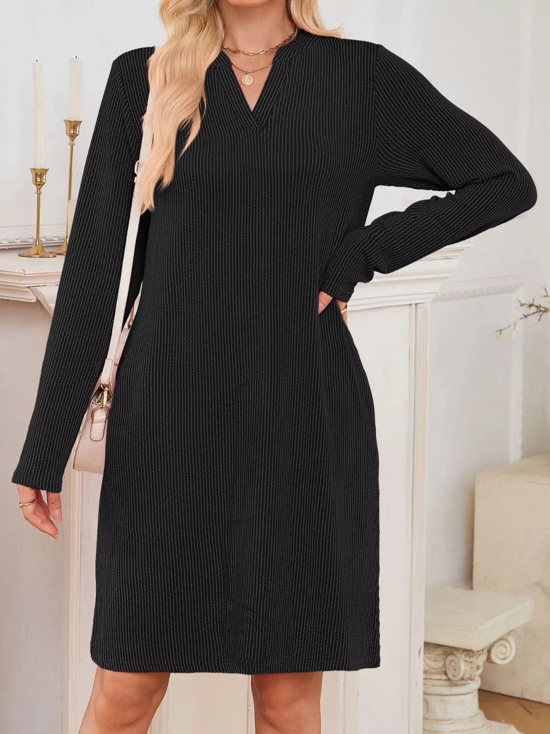 Casual Ribbed Knit Long Sleeve Dress Trendsi