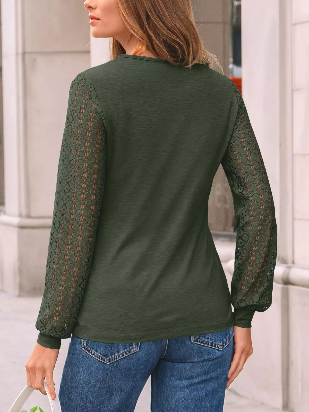 Lace Sleeve Crew Neck T-Shirt OutfitFlow