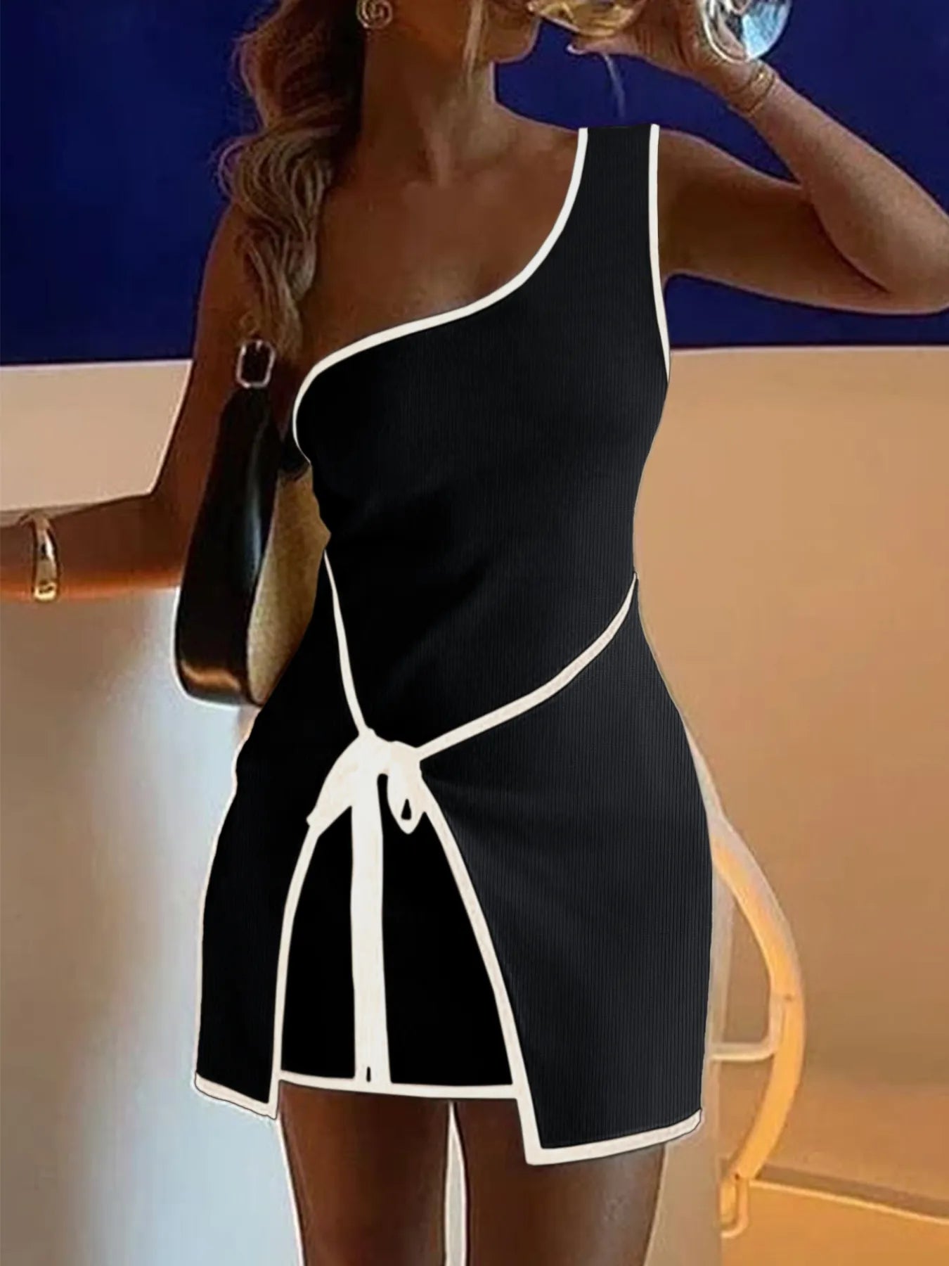 Contrast Trim Single Shoulder Mini Dress OutfitFlow