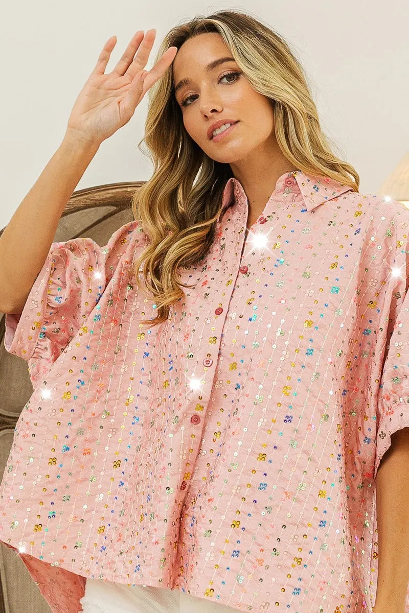 BiBi Sequin Striped Short Dolman Sleeve Blouse BLUSH OutfitFlow