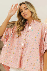 BiBi Sequin Striped Short Dolman Sleeve Blouse BLUSH OutfitFlow