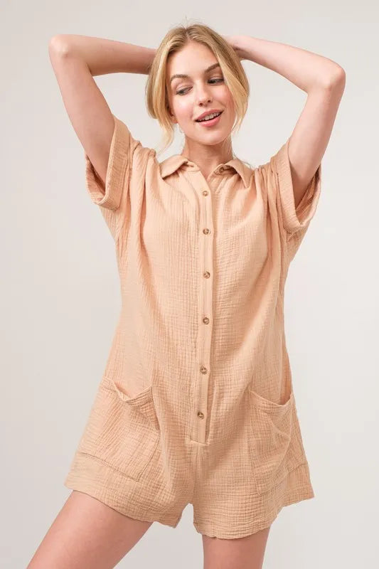 And The Why Washed Gauze Roll-up Sleeve Comfort Utility Romper OutfitFlow