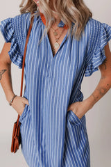 Stripe Frilly Split Neck Shirred Ruffle Sleeve Short Shift Dress OutfitFlow