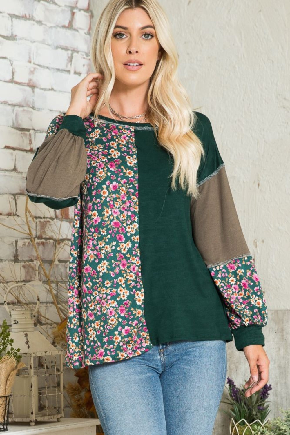 Celeste Full Size Floral Color Block Exposed Seam T-Shirt Hunter Green OutfitFlow
