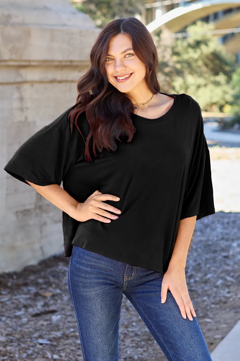 Basic Bae Bamboo Full Size Round Neck Drop Shoulder T-Shirt Black OutfitFlow