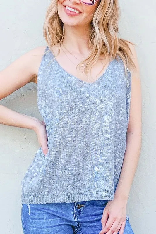 And The Why Leopard Foil Print Sleeveless Sweater Top GREY OutfitFlow