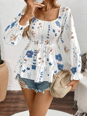 Outfit Flow - Smocked Floral Scoop Neck Flounce Sleeve Blouse