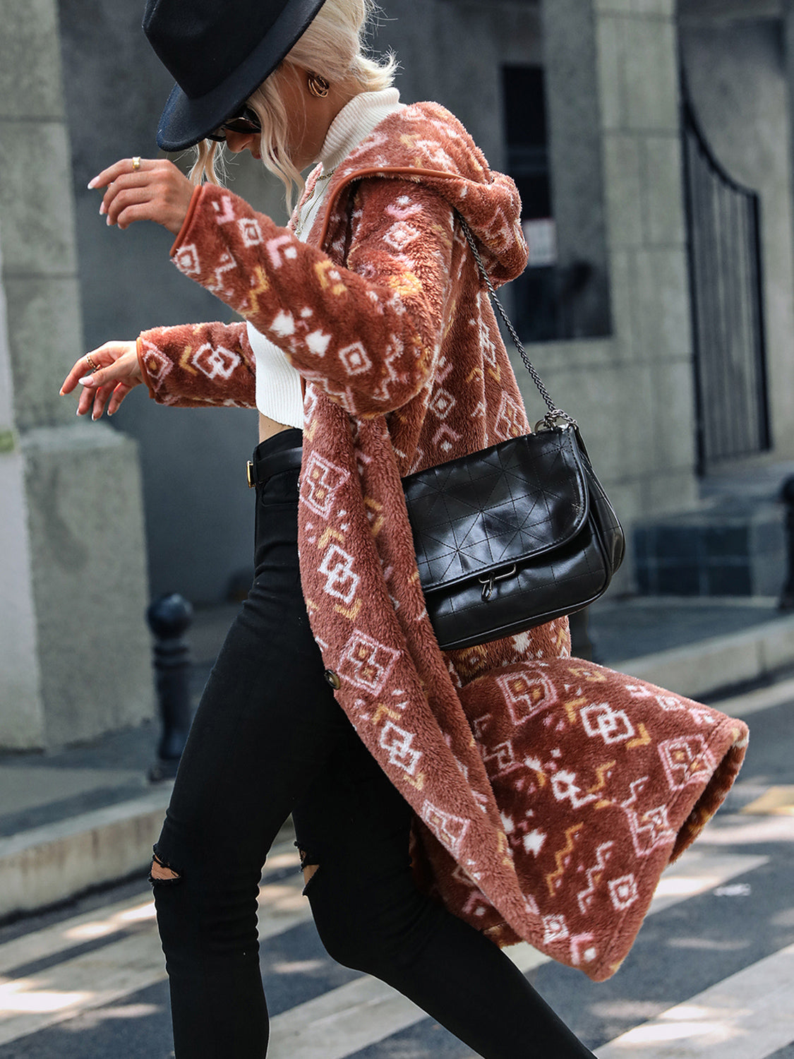 Geometric Button Down Hooded Fleece Coat Trendsi