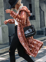 Geometric Button Down Hooded Fleece Coat Trendsi