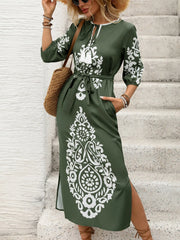Side Slit Printed Tie Neck Dress OutfitFlow