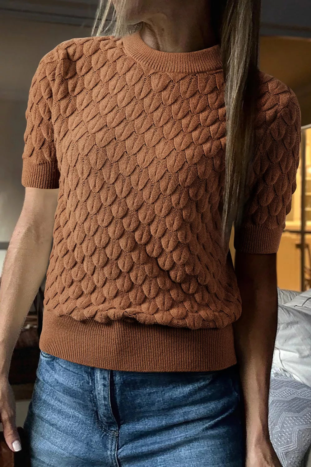 Textured Knit Short Sleeve Pullover Brown OutfitFlow