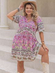 Plus Size Floral Print V-Neck Puff Sleeve Summer Dress OutfitFlow