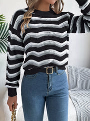 Striped Round Neck Long Sleeve Sweater OutfitFlow